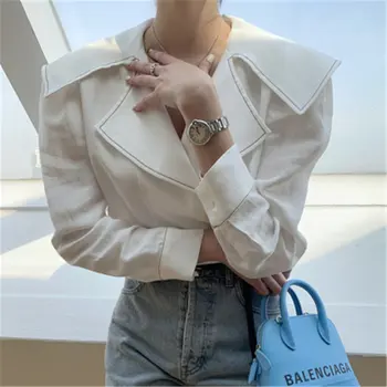 Comelsexy Ins koreansk Stil Enkle Stil Turn-down Krave Shirt Til Damer Solid langærmet Kvinders Toppe Smarte Kvindelige Bluser