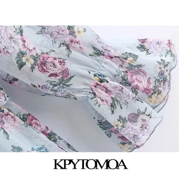 KPYTOMOA Kvinder 2020 Chic Mode Blomster Print Pjusket Midi-Kjole langærmet Vintage Se Gennem Kvindelige Kjoler Vestidos Mujer
