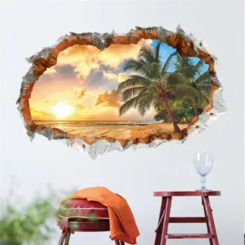 Seabeach Solnedgang Coconut Tree Wall Stickers Til Office-Shop Hjem Kunst Pvc vægoverføringsbilleder Udsmykning Diy 3d Brudt Hul Natur Vægmaleri
