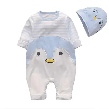 Stribet O-hals Buksedragt Penguin Mønster Baby Kid Lange Ærmer Bomuld Rompers med hat