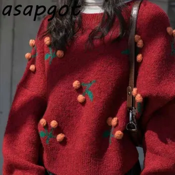 Søde Røde Kirsebær Pynt Kvinde Trøjer Mode Japan Style Nye Smarte O Neck Strikket Top Outwear Trække Femme Mode Temperament