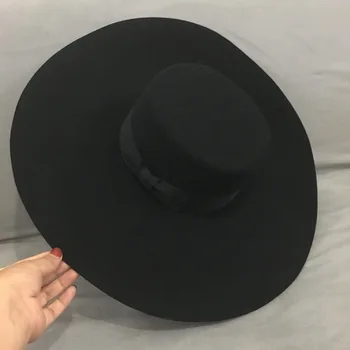 Nye Retro-Stil, Stor Varm Wide Brim Uld Fedora Hat Sort Filt Hat, Bue Fladskærms Floppy Vinter Hat til Kvinder Part Kirke Bryllup Hat