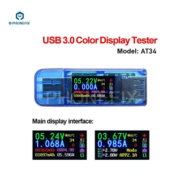 RD AT34 USB 3.0-Farve-LCD-USB-Tester Mini Multimeter Telefon Reparation Assistent for Voltmeter Amperemeter Spænding Strøm Detektor