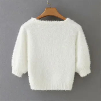 BLSQR Hvid Mohair O-hals Sweater 2020 Mode Korte Ærmer Casual Solid Farve Pullover Femme Pynt Crop Tops