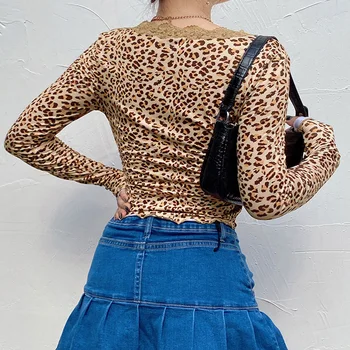 Leopard Printet Harajuku t-Shirts Kvindelige Broderi, Patchwork-Lange Ærmer y2k Toppe V-hals Efteråret Streetwear Toppe