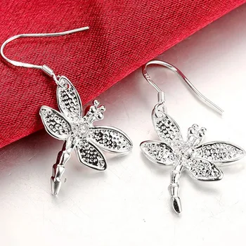 Helt Nye 925 Sølv Mode Dragonfly Insekt Dingle Øreringe til Kvinder Girl Sterling Sølv Smykker