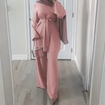 Ramadanen, Eid Muslimske Kvinder Kjole To Pecs Sæt Bluse Med Bred Ben Bukser Dubai Abaya Forårsfest Ropa Kaftan Islamiske Tyrkiet Afrika