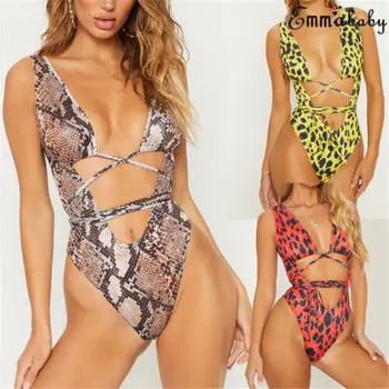 Sommeren Nye Sexede Kvinder Et Stykke Serpentine Leopard Printet Monokini Bandage Badedragt Push Up Polstret Bikini Swimsuit Badetøj