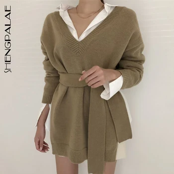 SHENGPALAE 2021 Nye Efteråret V-hals Lange Ærmer Strikket Jumper Løs Mode Pullover Femme Solid Farve Uregelmæssige Sweater ZA5851