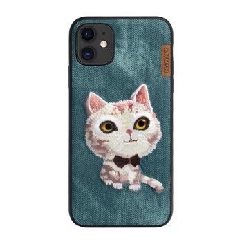 3D Broderet Søde Kat Mops Hund Teddy Panda Læder Phone Case For iPhone 12 Pro Max antal Beskyttende bagcover Til iPhone 11 12 Mini
