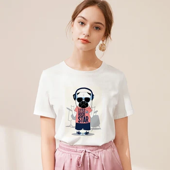 Musik kat og hund Print personlighed Harajuku T-shirt Kvinder 2019 Nye Tshirt O-hals kortærmet Hvid T-shirt, Toppe Kvinde Tøj