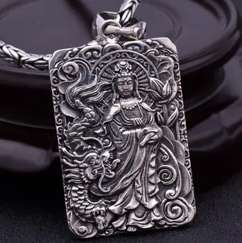 Rent Sølv S925 Sølv Udskåret Drage Guanyin Buddha Mænds Vedhæng Smykker (HY)