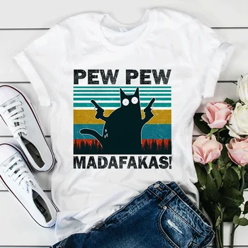 Pew Pew Madafakas Print T-shirt til Kvinder Morderiske Sort Kat Med Pistol Funny Gul T-Shirt med Korte Ærmer Halloween Toppe Femme t-shirt