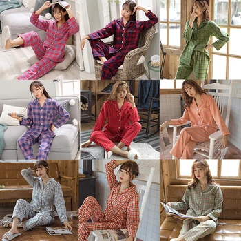 Nattøj til Kvinder Bomuld Plaid Print Pyjamas Sæt med Lange Ærmer Nattøj Turn-down Krave Hjem Tøj, Casual Løs Pyjamas, der Passer
