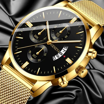 Klassiske Business Mænd Watch Mode Luksus ure i rustfrit stålnet Dato i kalenderen Guld Kvarts Armbåndsur relogio feminino