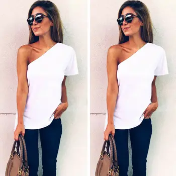 Hirigin HOT Mode til Kvinder Sommeren Off-Shoulder Kort Ærme Hvid Solid Casual Løs Asymmetrisk T-shirt S-XXL