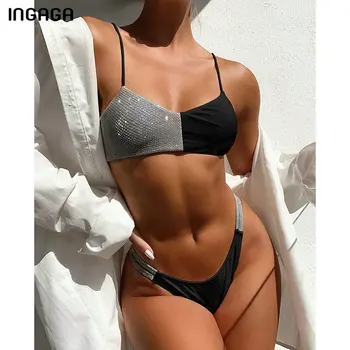 INGAGA Skinnende Badetøj Bikini Kvinders Badetøj Push Up Biquini Høj Talje Bikinier High Cut badetøj 2021 Nye Patchwork