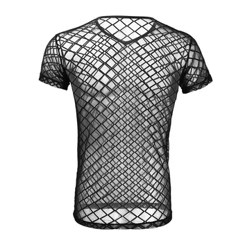 Herre Undertøj Sex Kostume Grid-Shirt Tank Se-gennem Mesh Eksotisk Kostume kortærmet T-shirt Top Clubwear Undertrøje for Sex