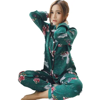 Efteråret Nye Kvinders Bomuld Satin Pyjamas, Nattøj Femme langærmet Pyjamas Sæt Med Bukser Sove Lounge Pijama Nat Undertøj