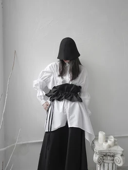 [MØRK] Yamamoto-style Mørk Sort Jakker for Kvinder Belted Linning Sort Personlighed Ydre Dekoration Tøj til Kvinder