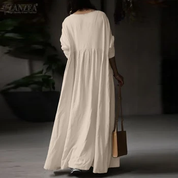 Mode Solid Maxi Kjole Kvinders Plisserede Sundress ZANZEA 2021 Afslappet langærmet Vestidos Kvindelige Bomuld Robe Femme Plus Størrelse
