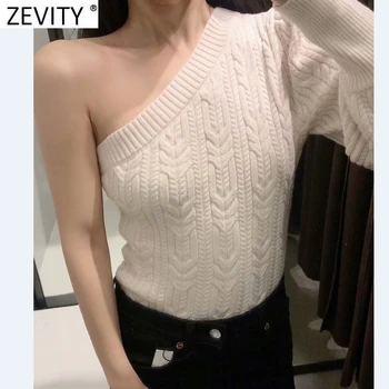 Zevity 2021 Kvinder High Street Enkelt Skulder Solid Kort At Strikke En Sweater Femme Smarte Asymmetrisk Afslappet Slank Pullovere Toppe S683