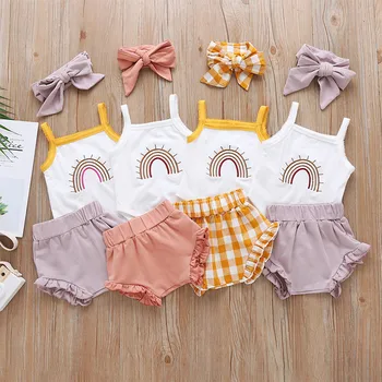 SAGACE Sommeren Nyfødte Baby Piger Tøj Sæt Hofteholder Rainbow Toppe+Ruched Shorts+Pandebånd baby tøj kostume til piger kid