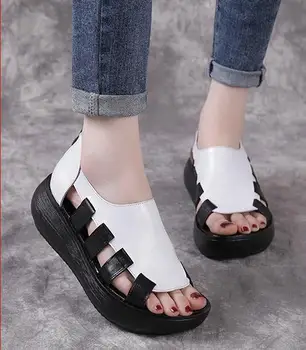 Kvinders sko sommeren damer, sandaler læder flad hæl hule blandet farve åndbar åben tå damer, sandaler kvinder 2020