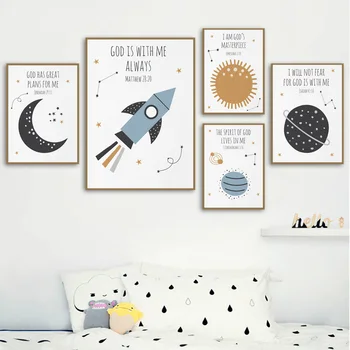 Bibelen Vers Plads Månen Solen Raket Børnehave Væg Kunst, Lærred Maleri Nordiske Plakater Og Prints Væg Billeder For Kids Room Decor