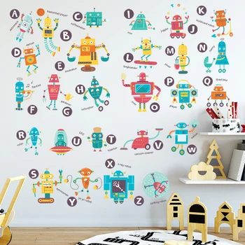 Flytbare Væg Sticker 79*73CM Robot Tegnefilm engelske Alfabet Børnehave Kid Værelse Baby Læring Tidlig Uddannelse Stickers Wall Decor