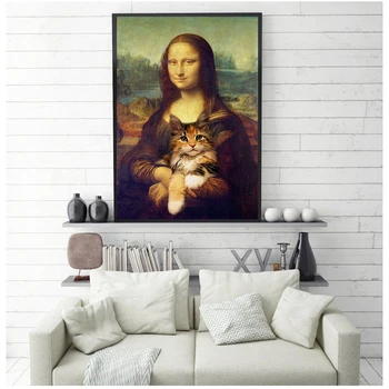 Mona Lisa Og Kat Kunst Lærred Maleri Plakat Og Print Væg Billeder Til Soveværelse Stue Dekorative Billede Med Hjem Wall Decor