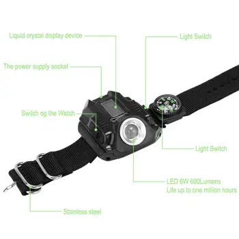 XPE R2 LED armbåndsur Lommelygte Torch Vandtæt pulsur Taktiske Se Belysning Med Tiden LED Display-Indbygget Batteri
