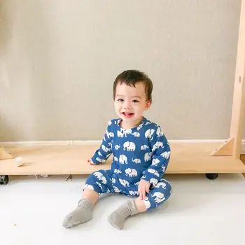 Spædbarn Baby Dreng Rompers Dejlige Blå Elefant Trykt Lange Ærmer Efteråret Onesies Side Snap Buksedragt Nattøj og Playwear