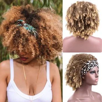 Afro Kinky Curly Hovedbøjle Paryk Syntetiske Parykker 14Inch Smarte Afro Kinky Hair Style Hårbøjle Paryk Med formonterede Tørklæde