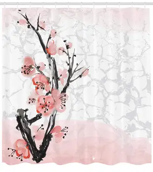 Cherry Blossom badeforhæng Japansk Folkloristisk Tema Sakura Træet Badeværelse Indretning Sæt med Kroge 70