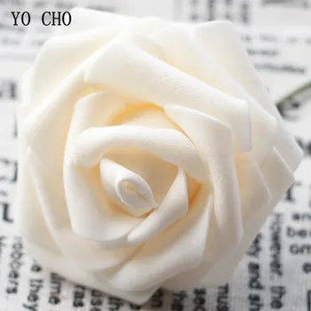 YO CHO 100PCS Store Skum Blomster Med Stilk Rose Kunstig Blomst Hoved Hvid Blomst Væg Til Bryllup Buket DIY Håndled Corsage