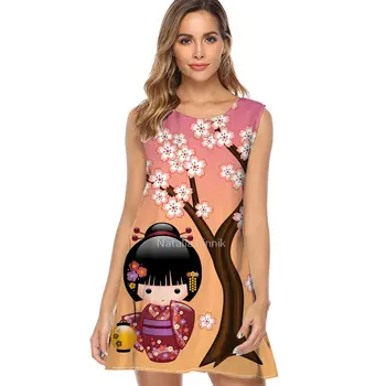 Japansk Sakura Kokeshi Dukke Sommer Kjole Kvinder 2019 Nye Style En linje, Casual Løs Chiffon Kjole Damer Mini Kjole uden Ærmer