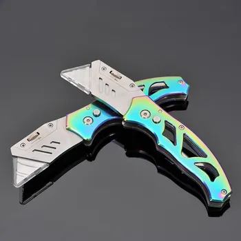 Farverige titanium legering folde kniv udendørs trapezformet elektrisk kniv i rustfrit stål kunst kniv med 10pcs blade