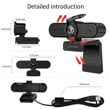 Webcam 2K Auto Fokus USB Full HD Web-Kamera med Mikrofon Cam for Mac Bærbar Computer, Video-Live-Streaming TV Android