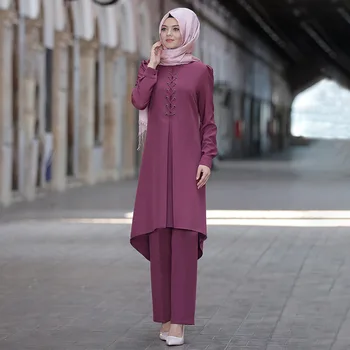Siskakia Eid Mubarak Dubai Abaya Jakkesæt arabisk Muslimske Tyrkiet Mellemøsten Tops+Bukser Sæt 2stk Islamiske Kvinder Tøj til Efteråret