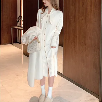 Elegant Sweater Dress Kvinder 2020 Vinter Slank Strikket I Ét Stykke Koreansk Dress Langærmet Knappen Bue Kontor Dame Strik Kjole Kvindelige
