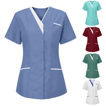 2021 Sygeplejerske Uniform Scrubs Kvinder Solid Lomme Knapper kortærmet V-neck Tops Plejer at Arbejde T-Shirt, Bluse медицинская одежда L*