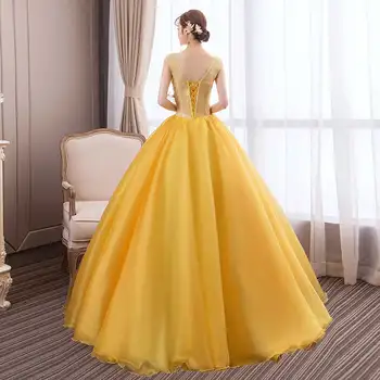 Ruthshen Vestidos Debutantes 2020 Quinceanera Kjoler Illusion, Bolden Kjole Guld Pynt Beaded Puffy Prom Kjoler Vestidos Para