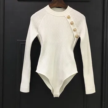 Et Stykke Strikket Sweater Bodysuit 2020 Efterår Og Vinter Guld Knapper Langærmet Hvid Sort Strik Clohtes For Kvinder