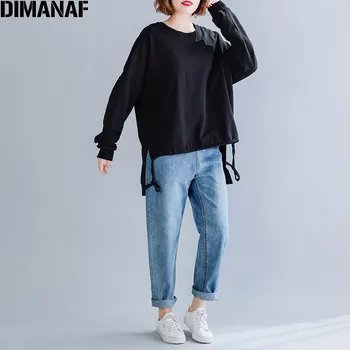 DIMANAF Efterår og Vinter Plus Size Kvinder T-Shirt Grundlæggende Tunika Toppe Skjorter af Bomuld med Lange Ærmer Løs Casual Kvinde Tøj Solid Black