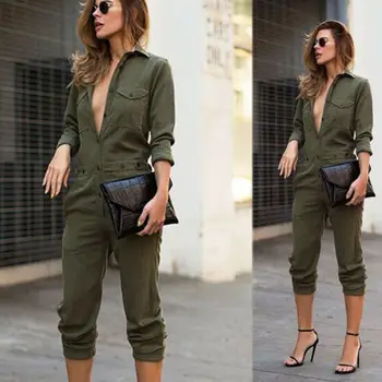 Efteråret Cool Fashion Kvinder Plus Jeans Denim Almindelig Army Grøn Knap Solid Overalls Buksedragt Bib Bukser, Overalls Bred Ben Bukser