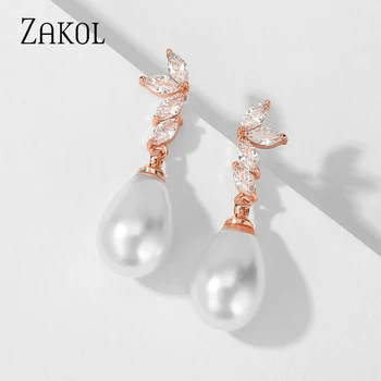 ZAKOL Mode Marquise Cut CZ Cz Dingle Earings Med Efterligning Pearl For Elegante Kvinder Bryllup Kvindelige Smykker FSEP2440