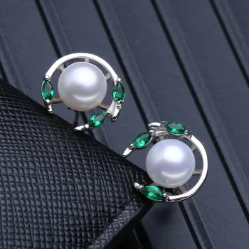 FENASY Trendy 925 Sterling Sølv Smykker Til Kvinder, Grønne Smaragd Naturlige Freshwater Pearl Stud Øreringe Halskæde