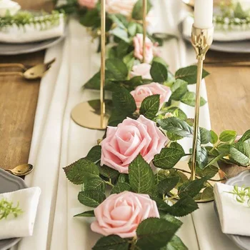 Silke Kunstig Rose Rattan String Vinplanter Blade Væggen Hænger Garland Tropiske Bryllup Part Haven Dekorationer