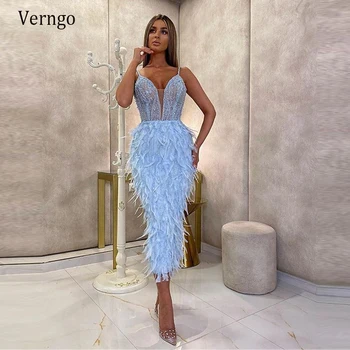 Verngo Luksus Blonder, Fjer Havfrue Formelle Aften Kjoler Kort 2021 Lys Himmel Blå Prom Kjoler Dubai Te Længde Fest Kjole